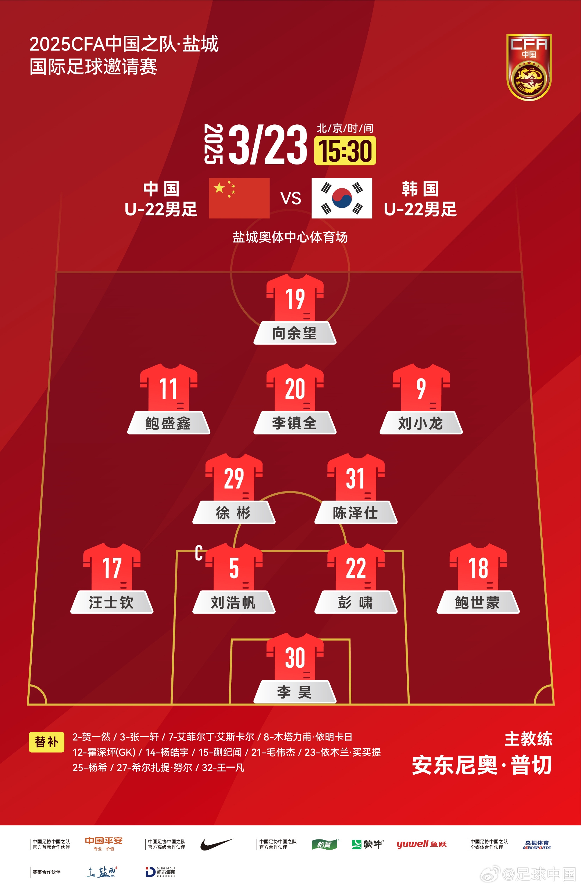 鹽城四國(guó)賽，中國(guó)U-22男足對(duì)陣韓國(guó)U-22男足，中國(guó)隊(duì)首發(fā)陣容