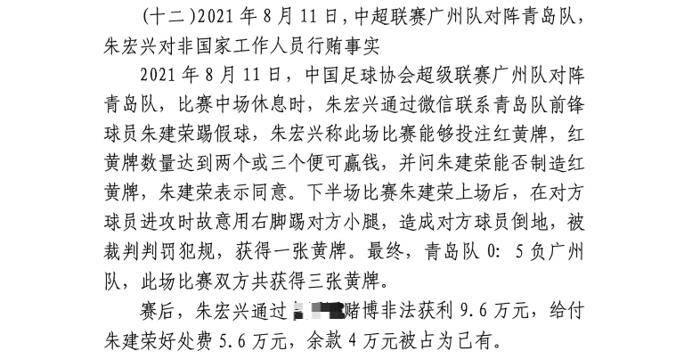 網(wǎng)傳判決書(shū)：青島球員朱建榮故意踢對(duì)方小腿，染黃收5.6萬(wàn)好處費(fèi)