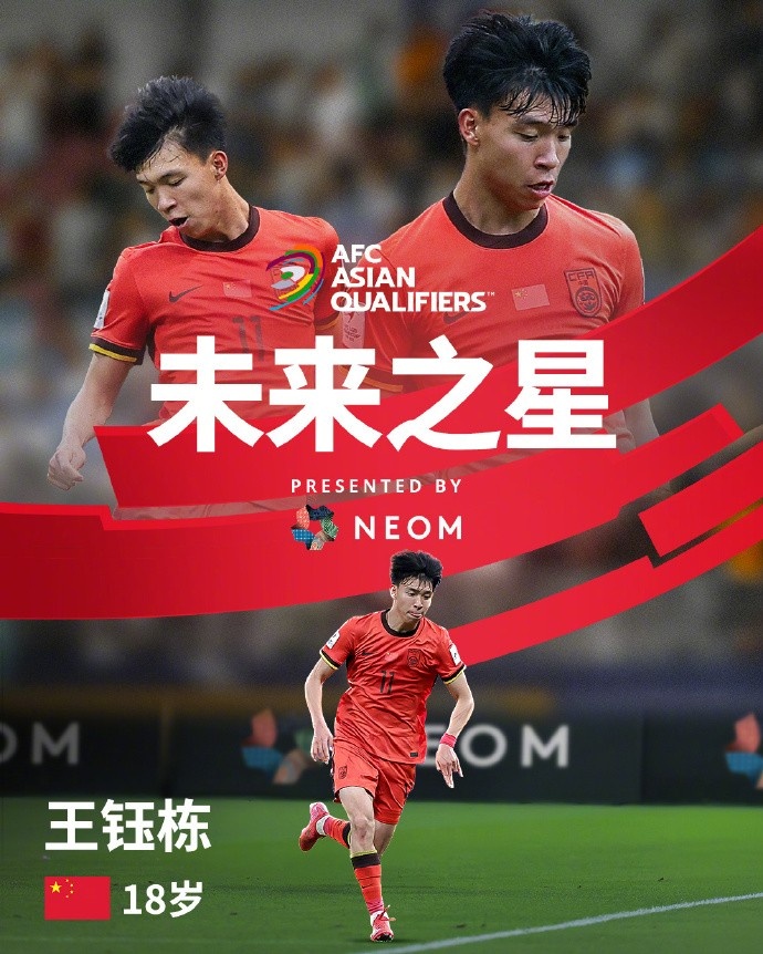 亞洲杯官方社媒發(fā)布王鈺棟個人海報：青年軍的旗幟，飄揚在前哨