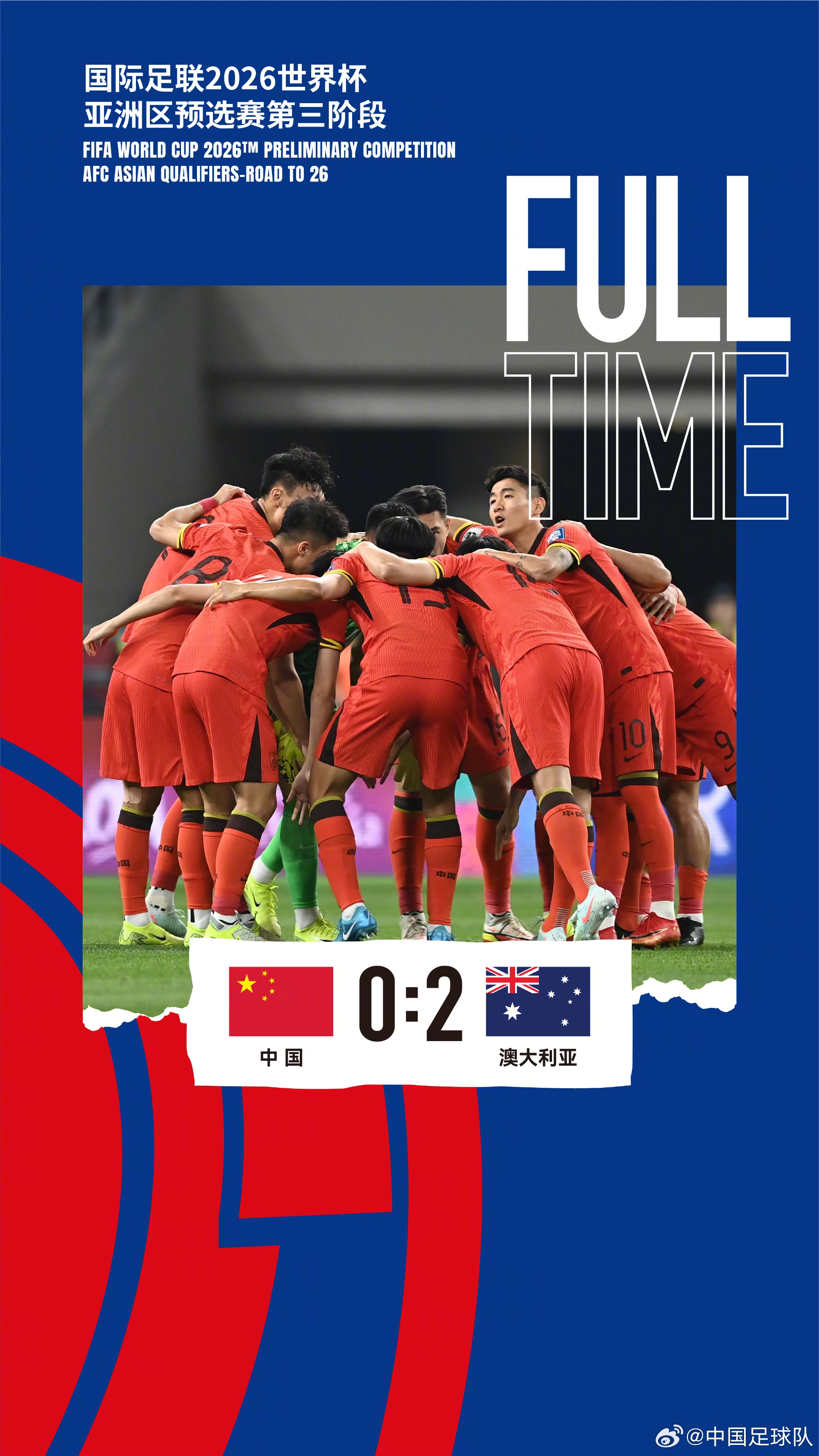 美加墨世界杯亞洲區(qū)預(yù)選賽第三階段第八輪，中國隊0-2澳大利亞隊
