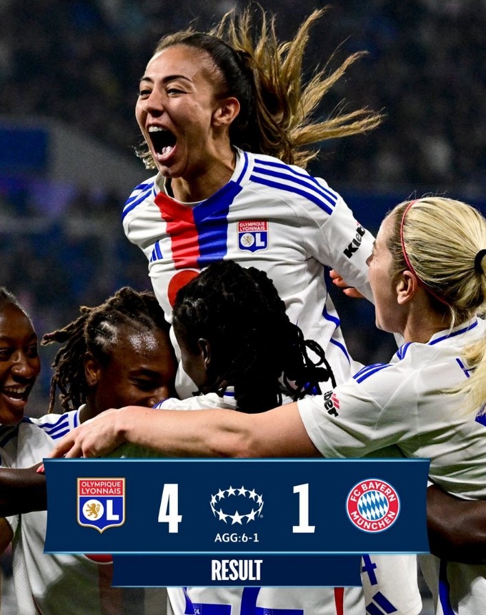 里昂女足4-1大勝拜仁女足，總比分6-1晉級女足歐冠半決賽